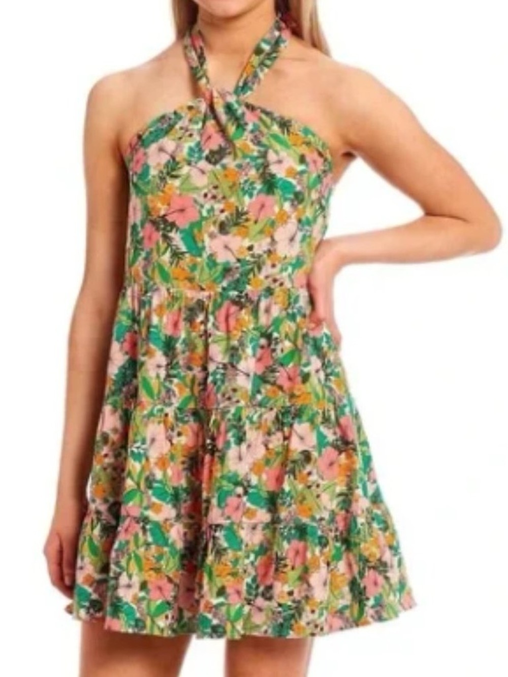 Copper key mini dress colorful floral tropical print halter neck open back linen